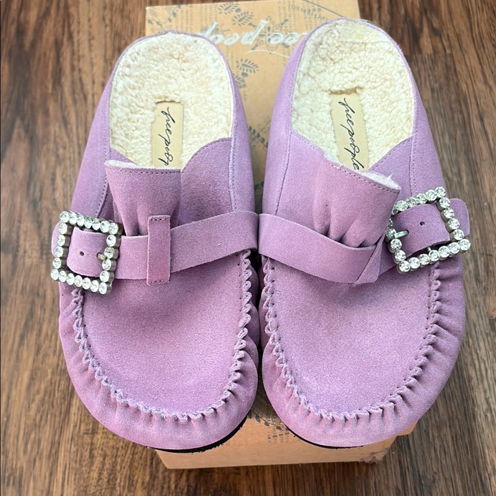 Free People Lavender Shearling Mules with Rhinestone Buckle